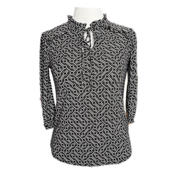 Cocomo Petite blouse, size S neutral geometric, ties ruffle stand up collar EUC - Picture 1 of 14